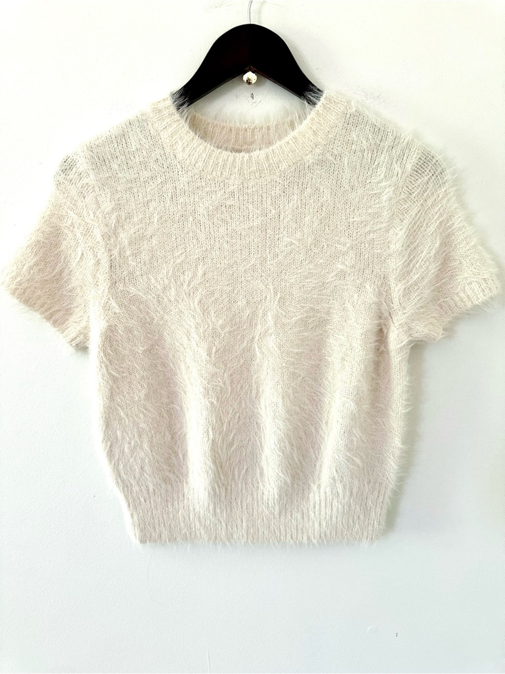 Free People Cream Fuzzy Short-Sleeve Crew Sweater
